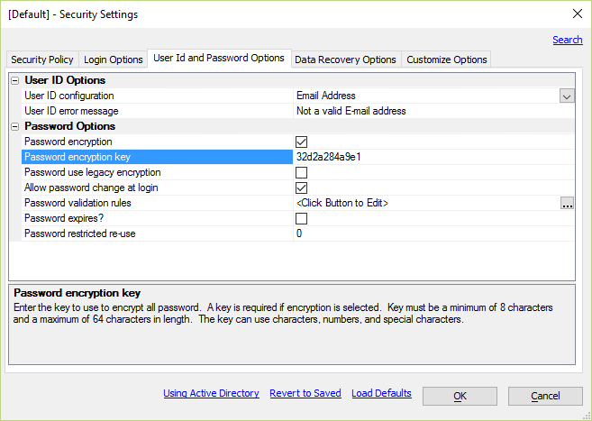 Password encryption settings must be identical in all apps that reference the same security data.